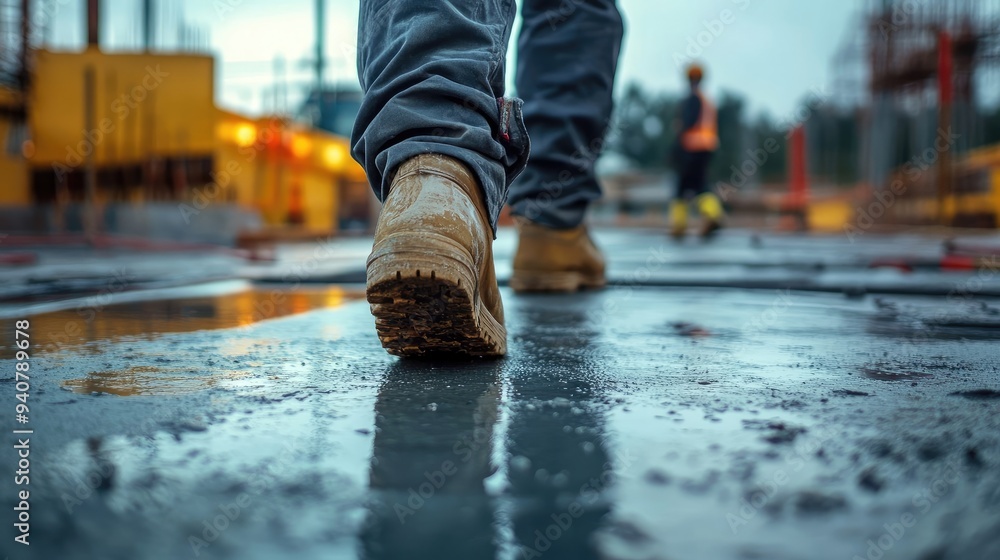 Worker on Wet Floor at a Construction Site, Emphasizing Accident Risks Worker on Wet Floor at a Construction Site, Emphasizing Accident Risks