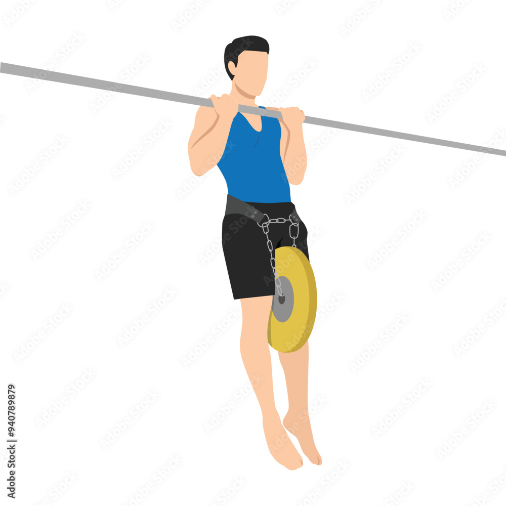 Man doing calisthenics weighted chin up exercise. Flat vector illustration isolated on white background Man doing calisthenics weighted chin up exercise. Flat vector illustration isolated on white background