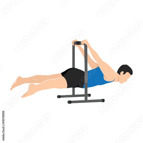 Man doing back lever calisthenics pose. Flat vector illustration isolated on white background