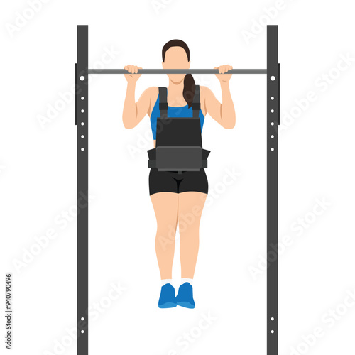 Woman doing pull ups with weight vest on. Flat vector illustration isolated on white background