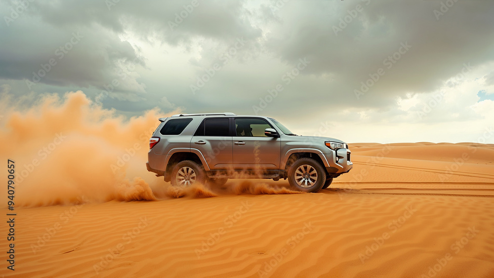 Obraz premium SUV driving through desert, lots of golden sand, dirt flying around, rainy weather, storm clouds, detailing, great detailing
