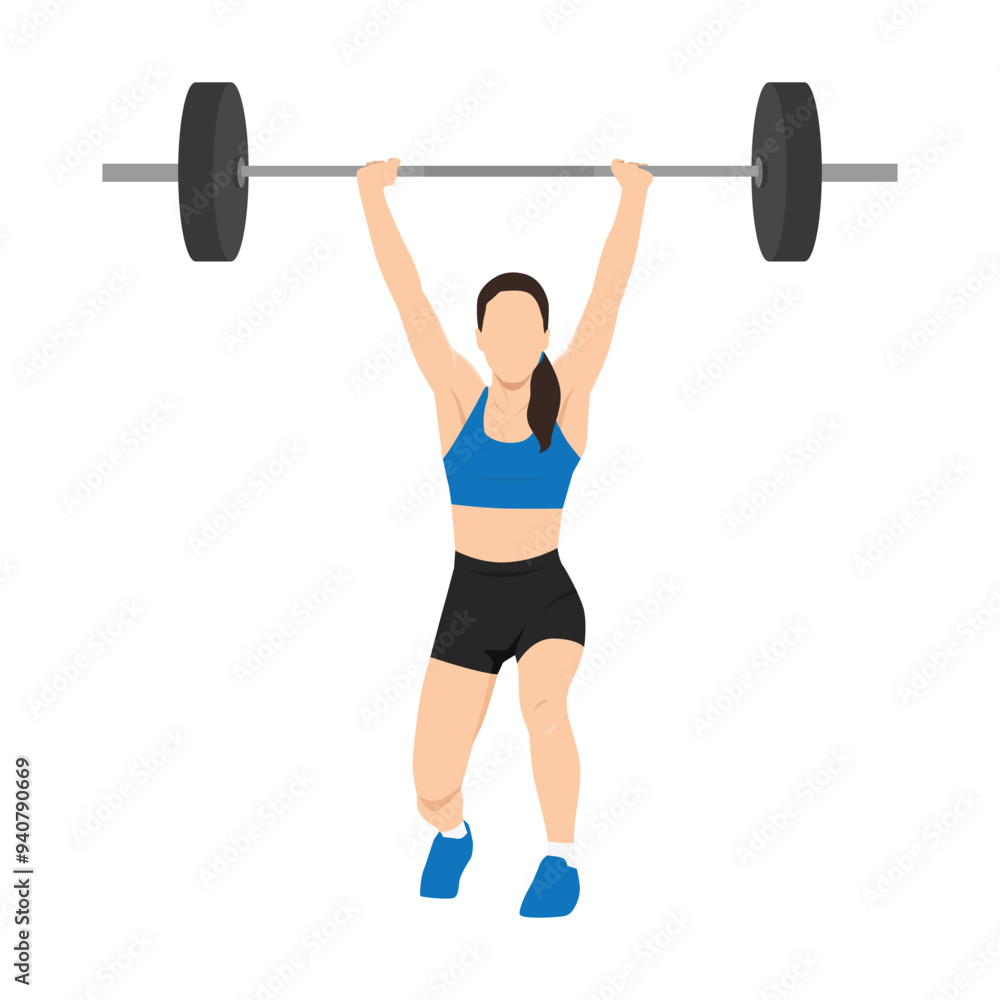 Man doing barbell over head and lunging while doing split jerk. Flat vector illustration isolated on white background