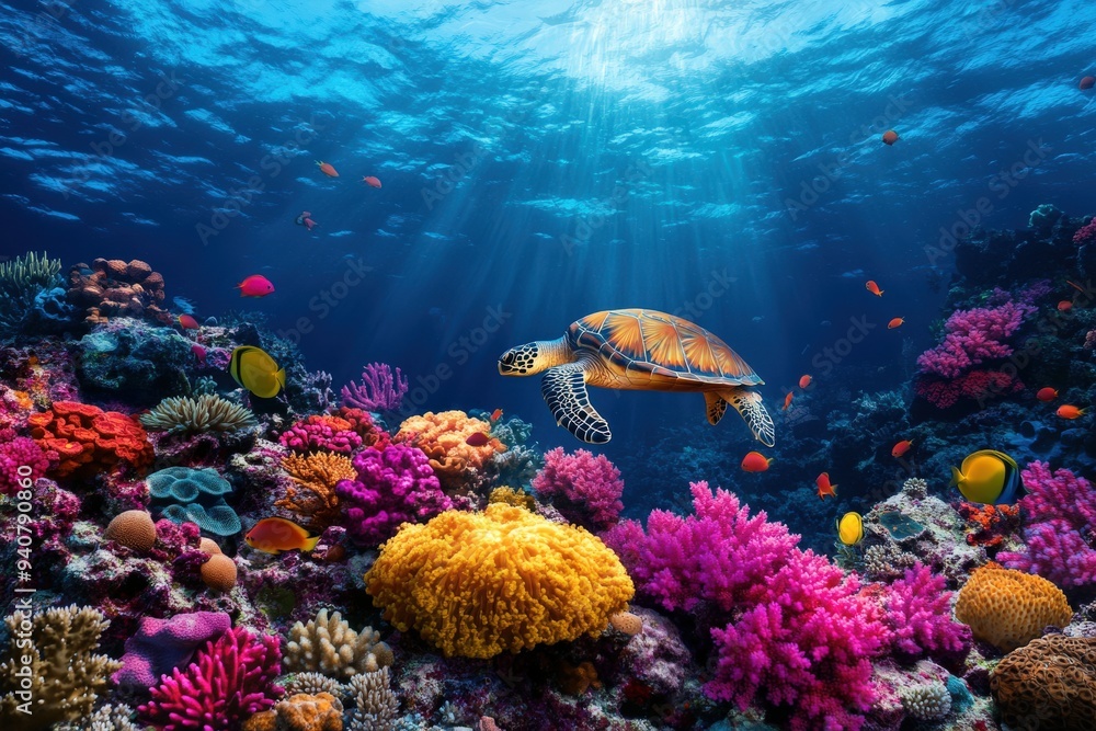 Fototapeta premium A sea turtle gracefully swims above a diverse and colorful coral reef, bathing in rays of sunlight penetrating the clear blue waters of the ocean.