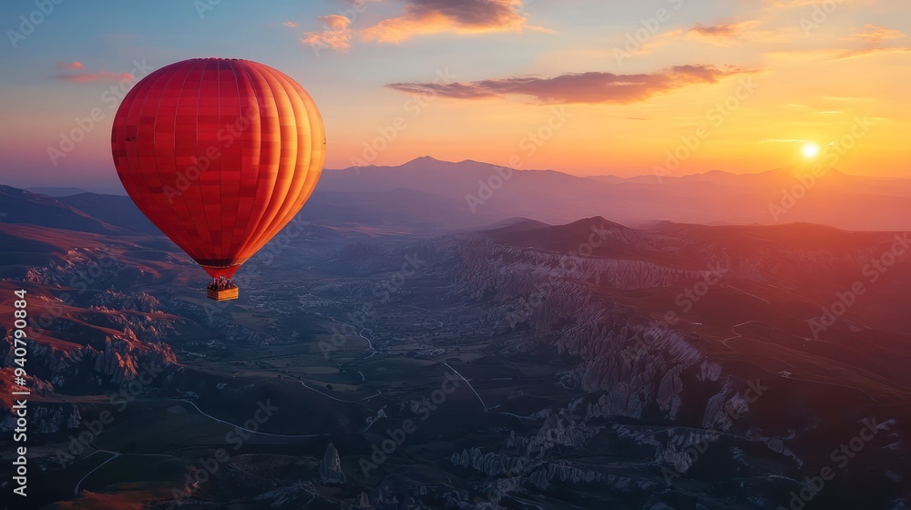 Obraz premium air balloon flying over a mountain range at sunset