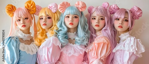 Gorgeous young women wearing whimsical pastel colored anime inspired Halloween costumes in a studio setting  The costumes are cute fantasy like and full of creative surreal details photo