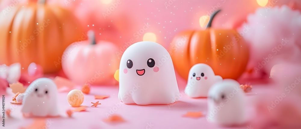 Kawaii Halloween Party with Cute Ghost and Pumpkin Themed Photography Concept with Soft Playful and Whimsical Atmosphere Kawaii Halloween Party with Cute Ghost and Pumpkin Themed Photography Concept with Soft Playful and Whimsical Atmosphere