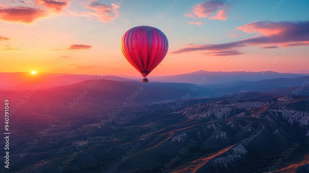 Obraz premium air balloon flying over a mountain range at sunset