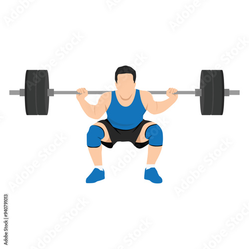 Man doing squats with barbell on neck back. Flat vector illustration isolated on white background