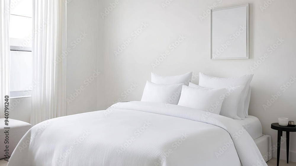 Fototapeta premium Minimal bedroom with a white color scheme and a few carefully chosen decor items, elegant simplicity, focus on comfort