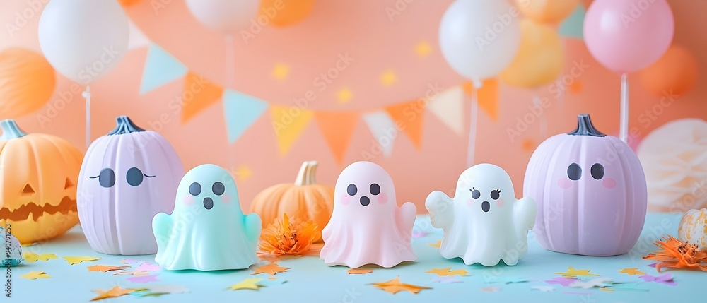 Pastel Colored Kawaii Halloween Party Scene with Ghostly Figures and Copy Space for Text Pastel Colored Kawaii Halloween Party Scene with Ghostly Figures and Copy Space for Text