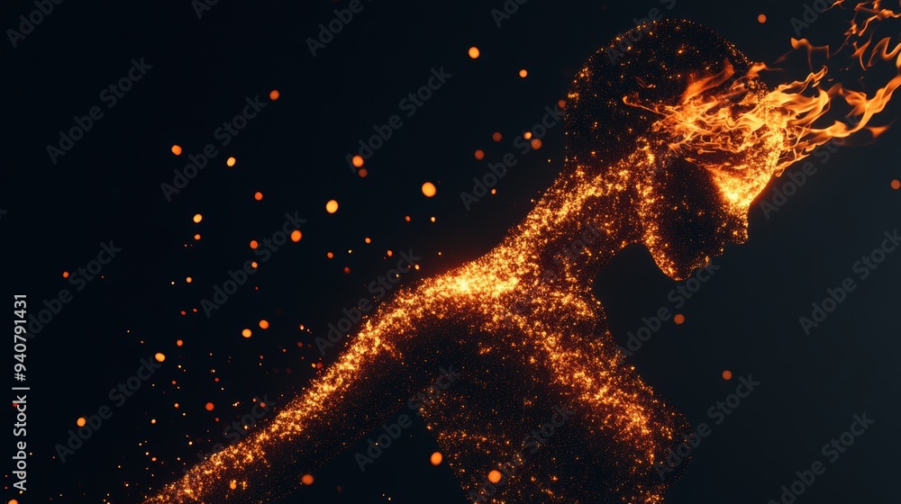 Fototapeta premium Double exposure of a dancer with fire, digital glitches, distorted text Dance with Flames, intense contrasts