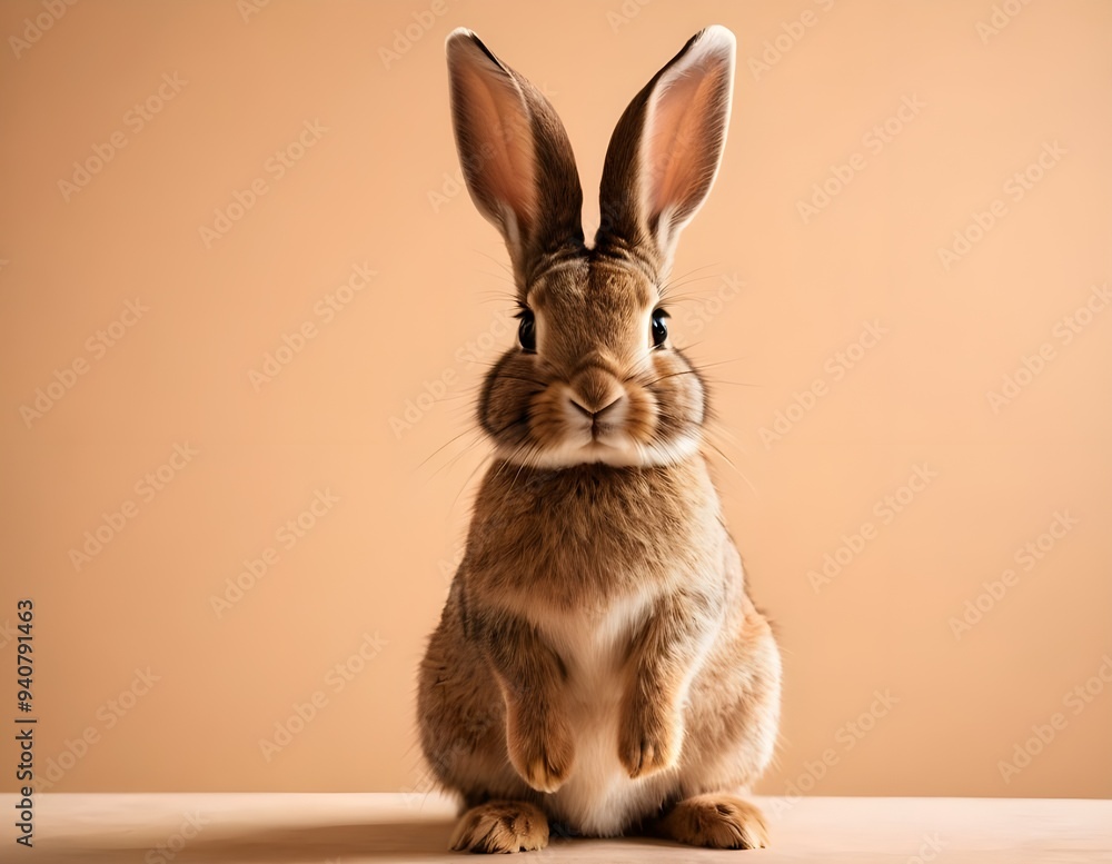 Fototapeta premium Curious rabbit sitting upright on a wooden surface against a soft beige background in indoor setting