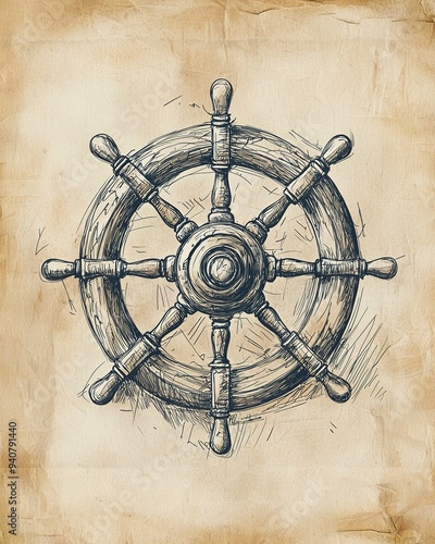 Vintage rudder sketch drawing. Nautical and sailing concept. Poster design. Ai Generative photo