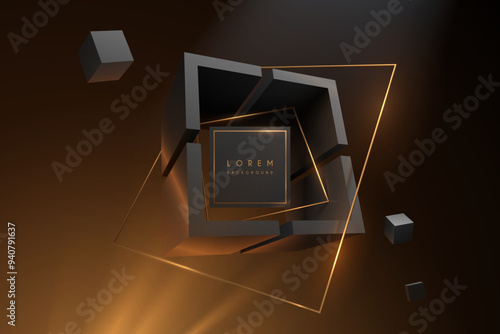 Abstract black and gold geometric shapes with light effect