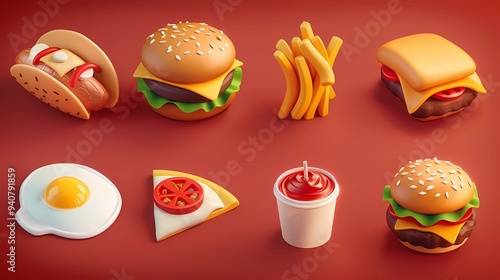 A fast food 3d cartoon vector icon set, pizza slice, taco, sandwich, roasted turkey, fried egg, french fries, paper cup, hamburger, Generative AI illustrations.