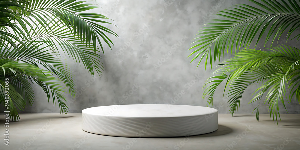 round podium mockup on stone with palm leaves round podium mockup on stone with palm leaves