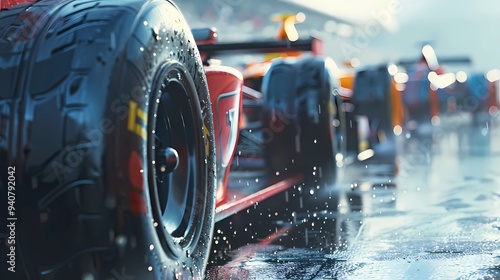 Close up a race shallow depth of field low angle many cars , closeup on wheel, mid race fast rainy, unreal engine, Generative AI illustrations.