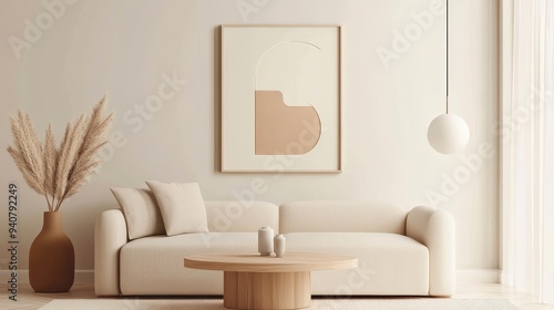 Wallpaper Mural Minimalistic, Scandi-Japandi inspired living room design illustration, featuring a sofa, round table, wall art, lamp, and vase. Torontodigital.ca