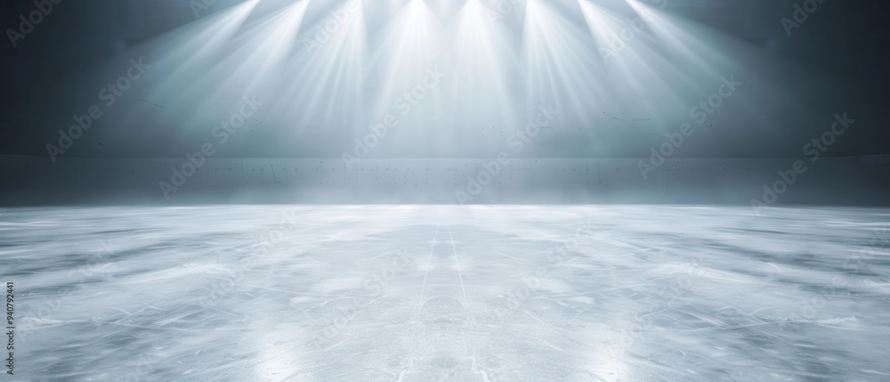 Serene Ice Rink Illumination, a sweeping view of a vacant ice rink bathed in bright lights, set against a peaceful winter landscape, evoking calm and solitude. Serene Ice Rink Illumination, a sweeping view of a vacant ice rink bathed in bright lights, set against a peaceful winter landscape, evoking calm and solitude.