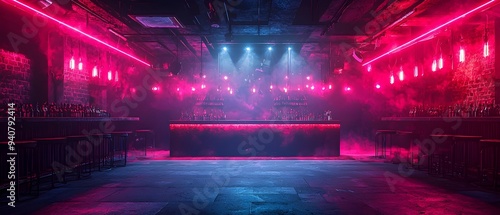 Neon Lit Dystopian Halloween Party in a Nightclub with Futuristic Music and Lighting  The image showcases a vibrant and atmospheric nightclub scene with a Halloween theme featuring neon lights photo