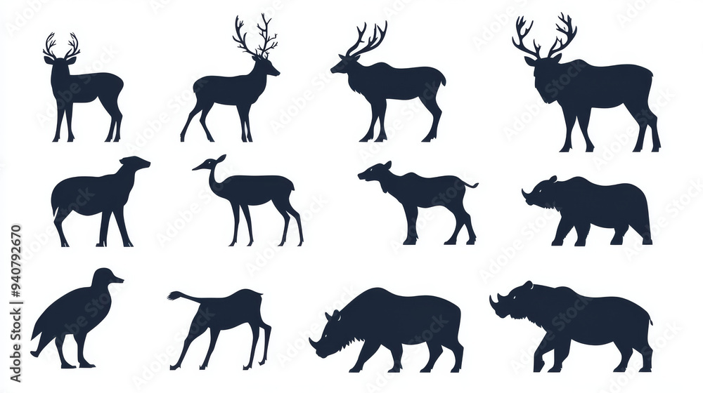 Silhouette icons of various animals: deer, mountain goat, reindeer with antlers, wild boar, rhino, panther, grizzly bear, and duck. Ideal for safari, savanna, and forest themes, as well as hunting and Silhouette icons of various animals: deer, mountain goat, reindeer with antlers, wild boar, rhino, panther, grizzly bear, and duck. Ideal for safari, savanna, and forest themes, as well as hunting and