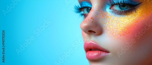 Captivating close up portrait of a face with enchanting Kawaii inspired Halloween makeup featuring bright pastel colors whimsical spooky designs and a touch of glitter for a mesmerizing