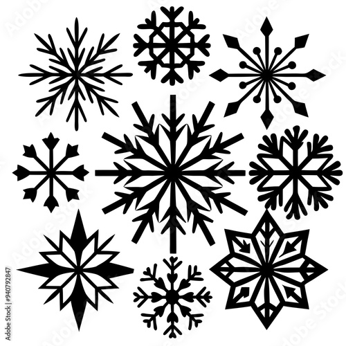 Nine black snowflakes are arranged