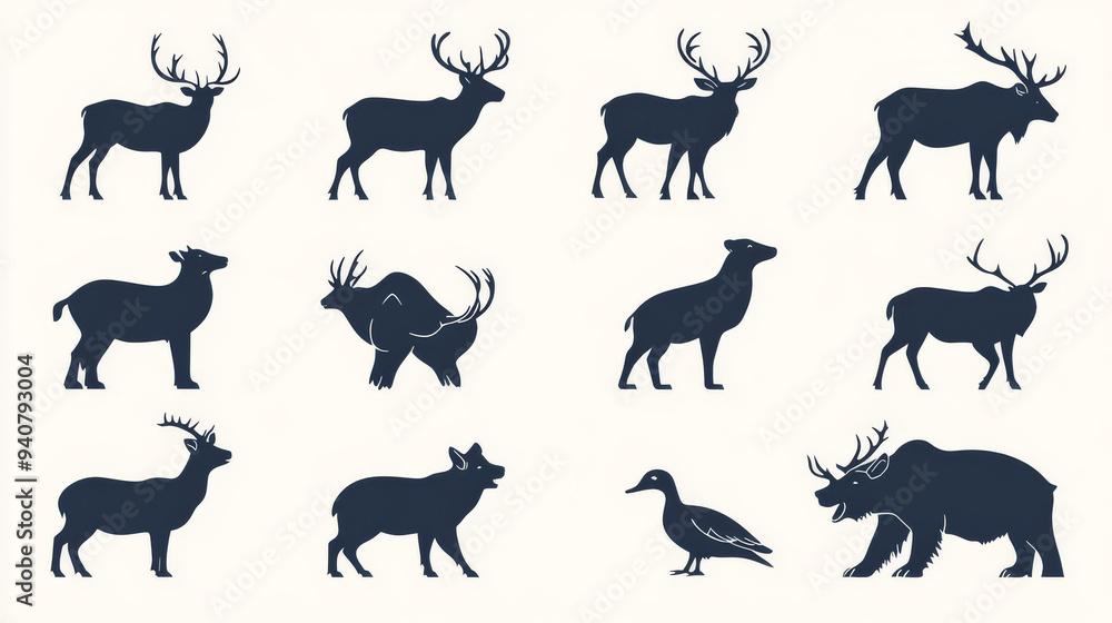 Silhouette icons of various animals: deer, mountain goat, reindeer with antlers, wild boar, rhino, panther, grizzly bear, and duck. Ideal for safari, savanna, and forest themes, as well as hunting and Silhouette icons of various animals: deer, mountain goat, reindeer with antlers, wild boar, rhino, panther, grizzly bear, and duck. Ideal for safari, savanna, and forest themes, as well as hunting and