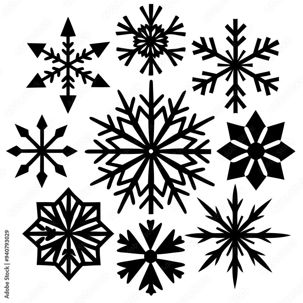 Nine black snowflakes are arranged Nine black snowflakes are arranged