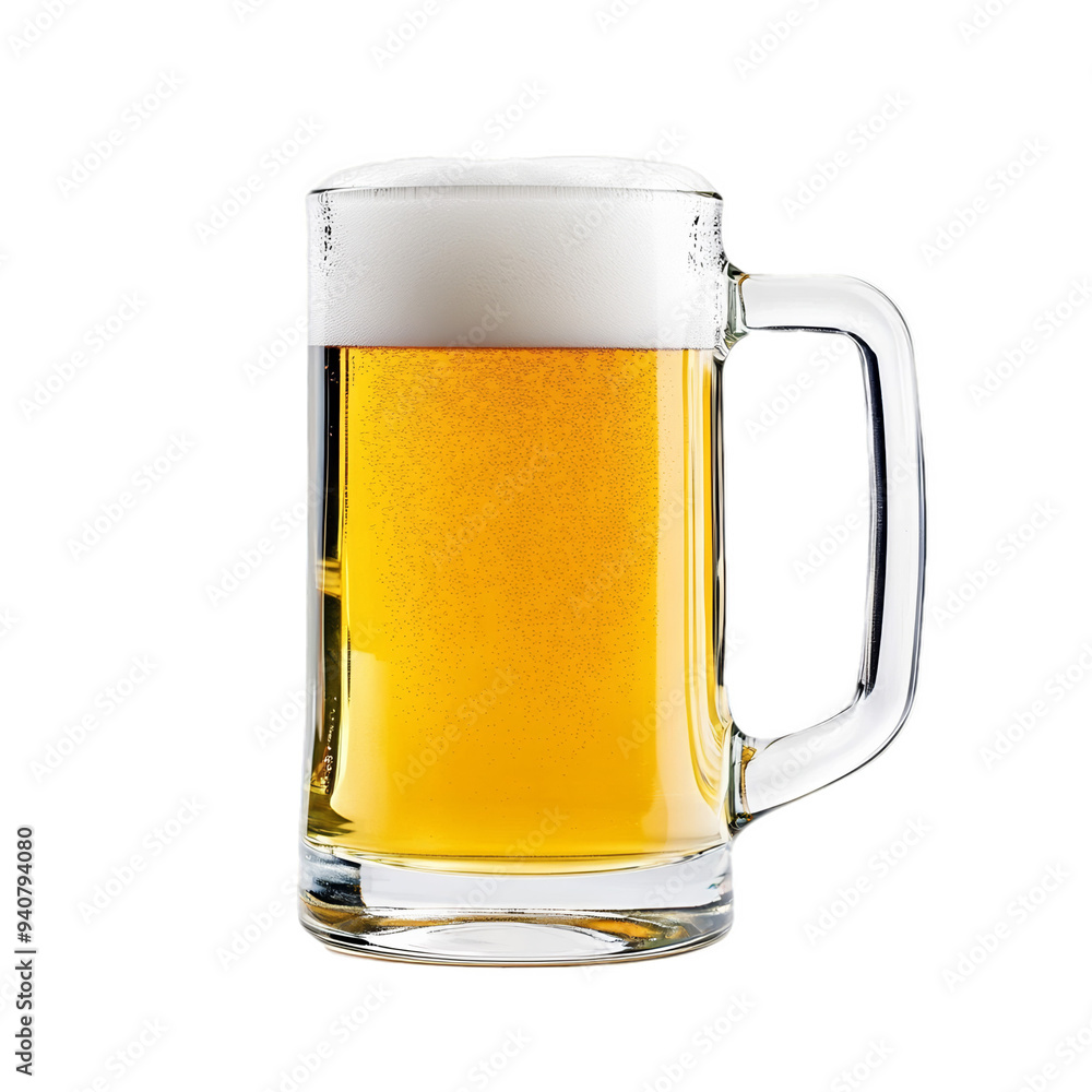 Chilled glass beer mug filled with light pilsner, no label, isolated on transparent background Chilled glass beer mug filled with light pilsner, no label, isolated on transparent background