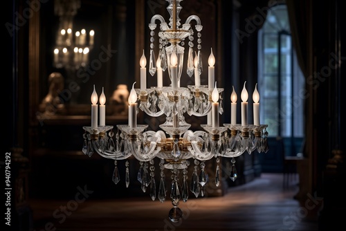 Luxury crystal chandelier in the interior of an old castle photo