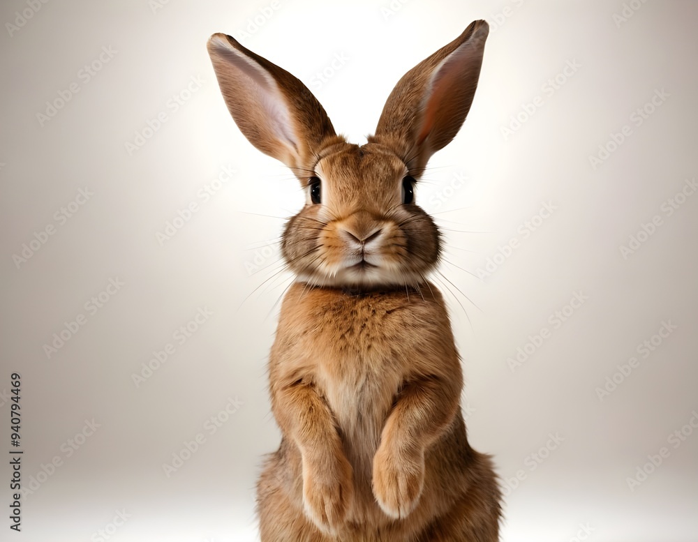 Fototapeta premium Curious rabbit sitting upright on a wooden surface against a soft beige background in indoor setting