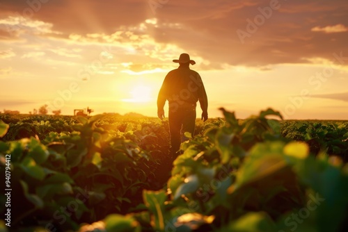 Farmer strolling through a vibrant field at dusk, silhouetted against the warm glow of the setting sun, embodying a tranquil connection to the land. photo