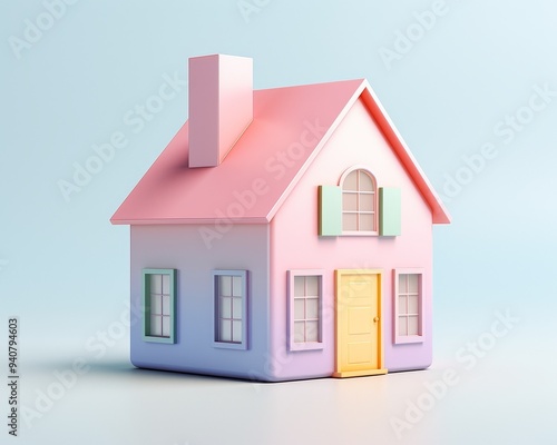 A charming pastel-colored house model with a chimney and colorful details, perfect for home or architecture themed projects.