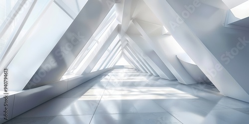 Modern abstract architecture with dynamic angles and bright lighting creating an innovative space filled with shadows and reflections