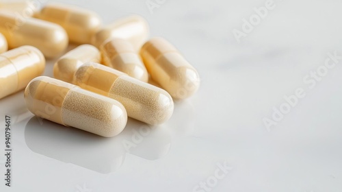 Detailed shot of magnesium capsules on a clean white surface, energy and muscle support photo