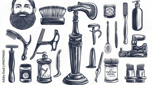 Vector illustration set of barbershop tools and equipment, ideal for beard and mustache shaving or haircuts. Includes classic barber shop pole signage, a comfortable barber chair, scissors, shaving br