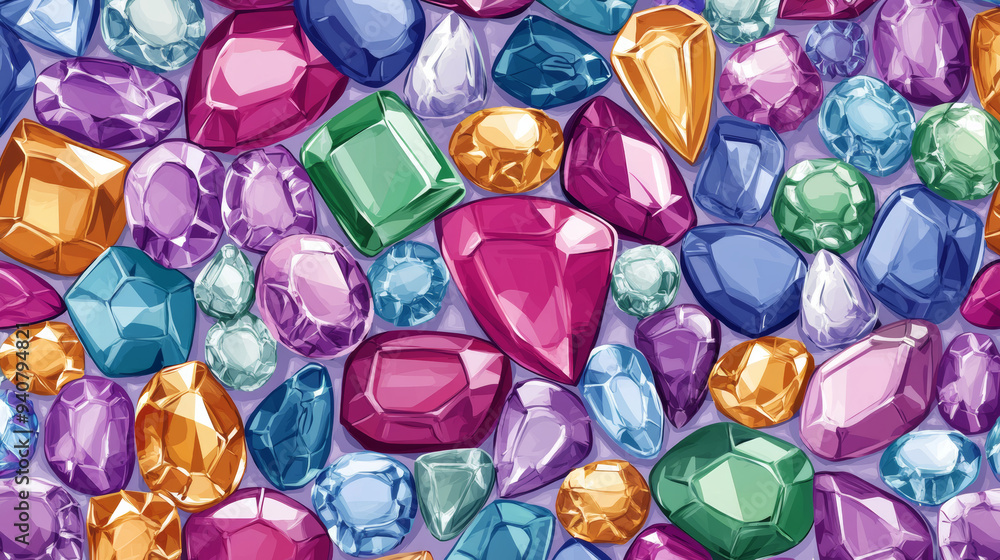 Seamless pattern of gemstones, including gem jewels and diamonds. The vector background features ruby, sapphire, emerald, opal, amethyst, topaz, and quartz rhinestones. Seamless pattern of gemstones, including gem jewels and diamonds. The vector background features ruby, sapphire, emerald, opal, amethyst, topaz, and quartz rhinestones.