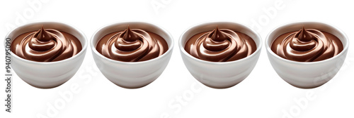 Four bowls of melted chocolate, isolated on black background. photo