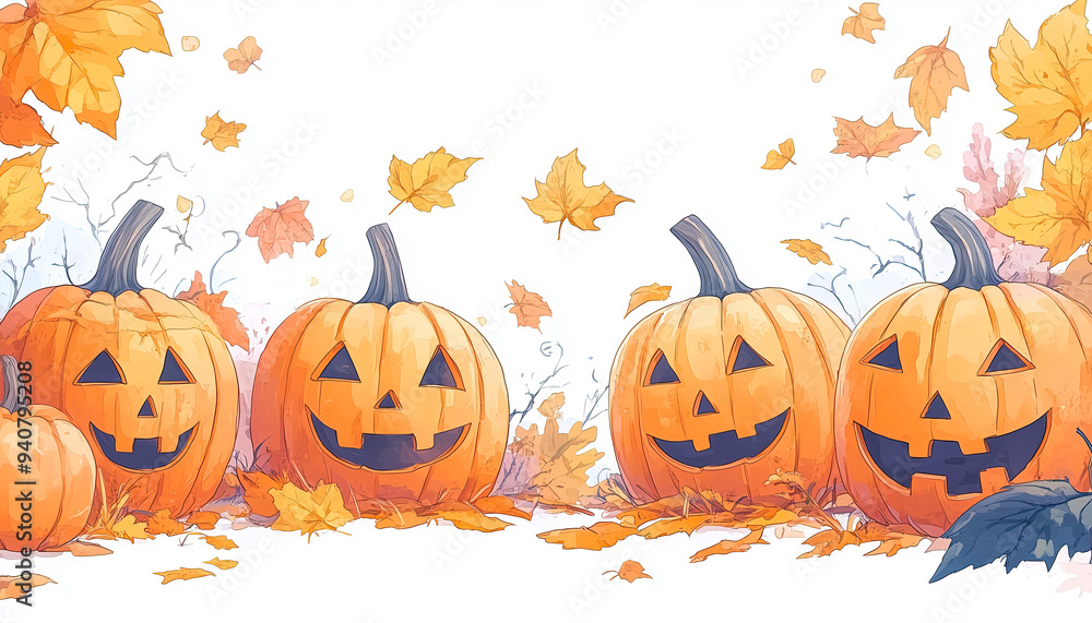 jack-o'-lanterns surrounded by autumn leaves jack-o'-lanterns surrounded by autumn leaves