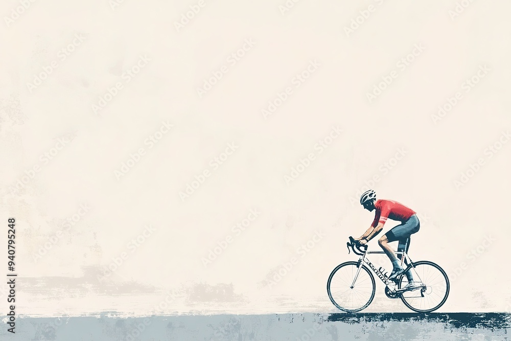 Cyclist in red speeding on road, minimalist style, grunge textur Cyclist in red speeding on road, minimalist style, grunge textur