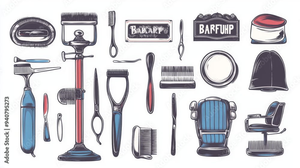 Vector illustration set of barbershop tools and equipment, ideal for beard and mustache shaving or haircuts. Includes classic barber shop pole signage, a comfortable barber chair, scissors, shaving br Vector illustration set of barbershop tools and equipment, ideal for beard and mustache shaving or haircuts. Includes classic barber shop pole signage, a comfortable barber chair, scissors, shaving br