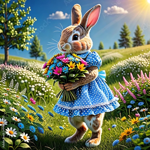 Bunny in a Blue Dress: A charming bunny in a blue polka dot dress holds a bouquet of colorful flowers in a meadow filled with blooms. The bunny's expression is sweet and innocent, and the scene is idy photo