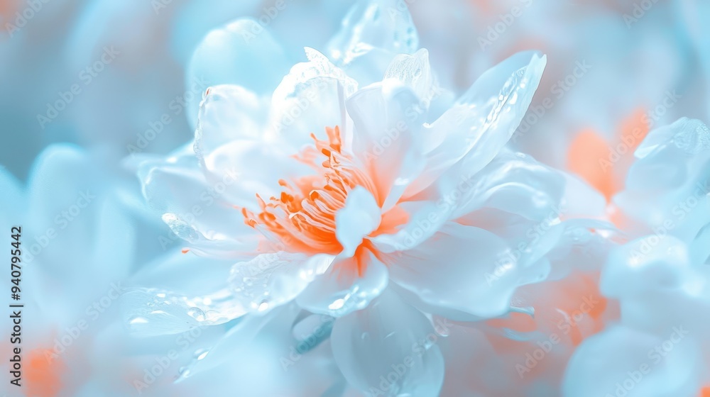 Fototapeta premium A tight shot of a white and orange bloom, adorned with droplets on its saturated petals, reveals the center