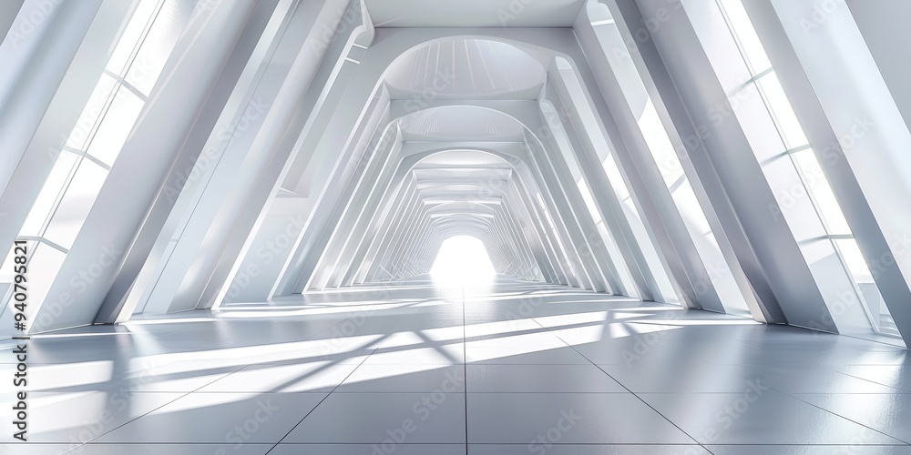 An expansive view of an abstract architectural interior showcasing light-filled, geometric structures in a modern environment An expansive view of an abstract architectural interior showcasing light-filled, geometric structures in a modern environment