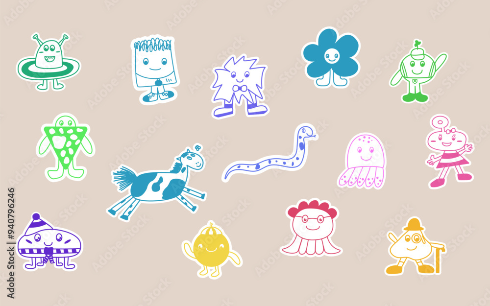 The icon set of the children's characters for books, coloring, games, clothes, advertising in the hand drawing style The icon set of the children's characters for books, coloring, games, clothes, advertising in the hand drawing style