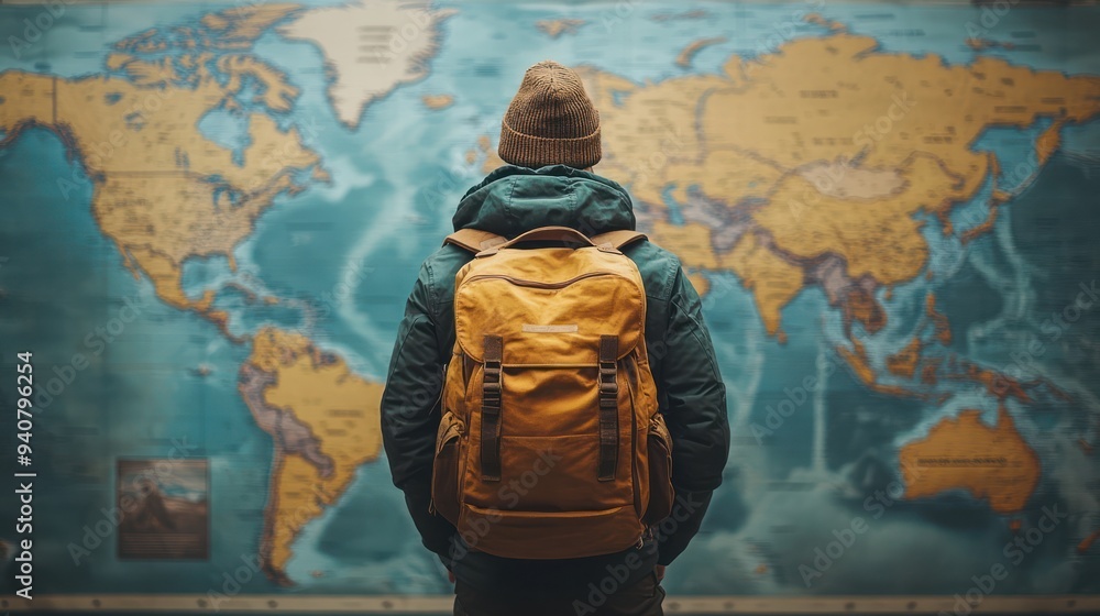 Obraz premium A traveller with backpack front of world map background