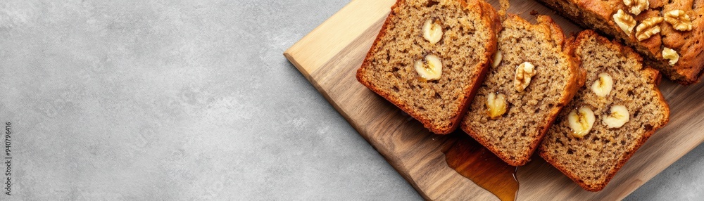 A rustic serving board with slices of vegan banana bread, garnished with walnuts and a drizzle of maple syrup A rustic serving board with slices of vegan banana bread, garnished with walnuts and a drizzle of maple syrup