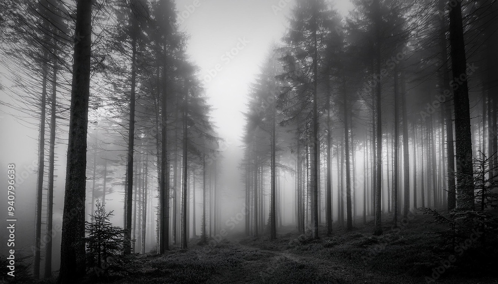 Fototapeta premium black and white photograph of a foggy forest
