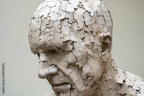 Artistic representation of a fragmented human figure with a cracked texture symbolizing the fragility of the human condition identity crises and the impact of time on the psyche